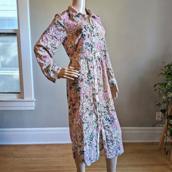 Hemant & Nandita Floral Velvet Midi Dress Triana Button Front Semi Sheer Small - Picture 3 of 10